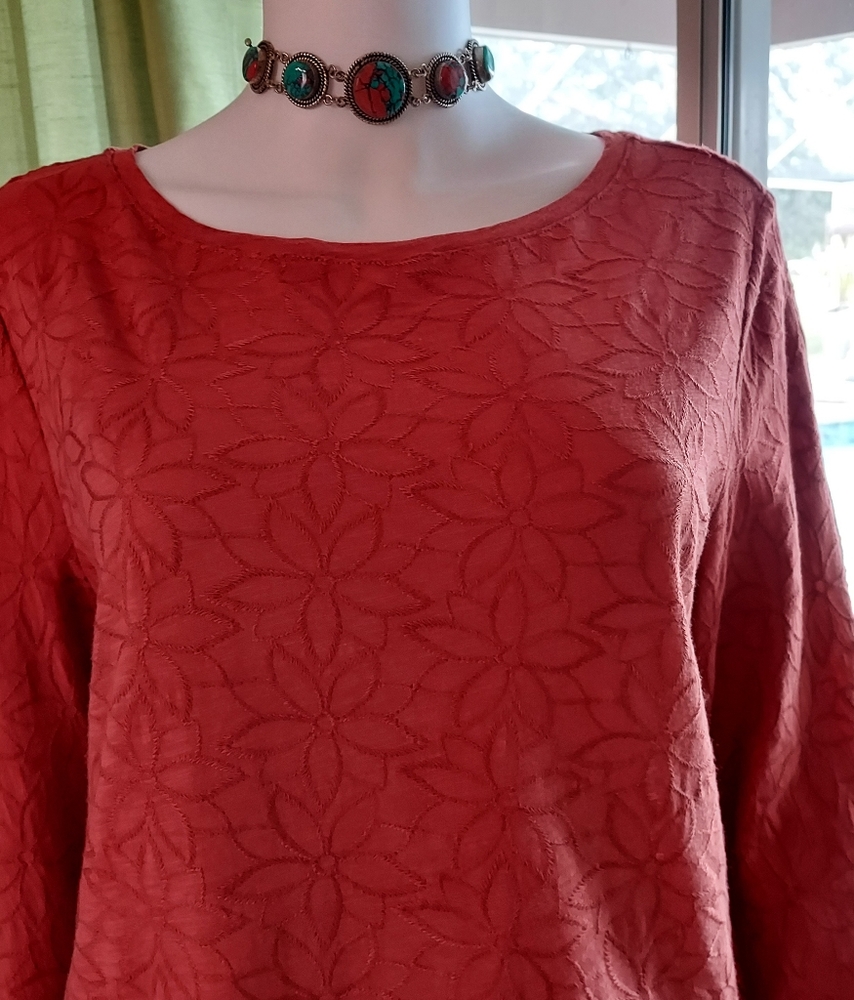 Rust Color 100% Cotton Top with Rayon Thread Embroidery by Loft : Size L NWOT